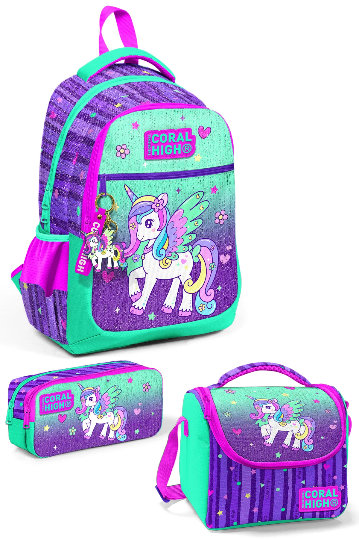 Coral High Kids Mor Su Yeşili Unicorn Desenli 3’lü Okul Çanta Seti SET0123487