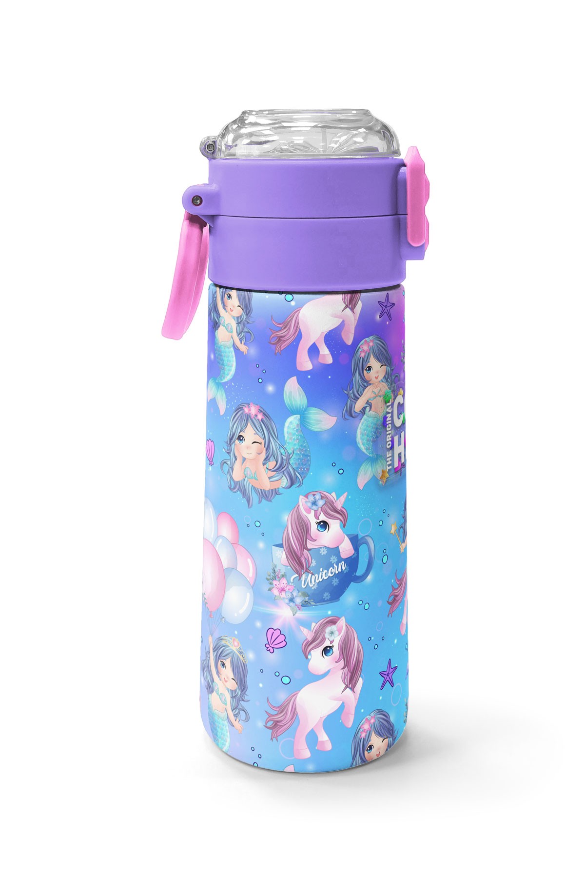 Coral High Kids Mor Pembe Unicorn Deniz Kızı Desenli Pipetli ve Direkt İçim Çelik Termos 500 ml 31982