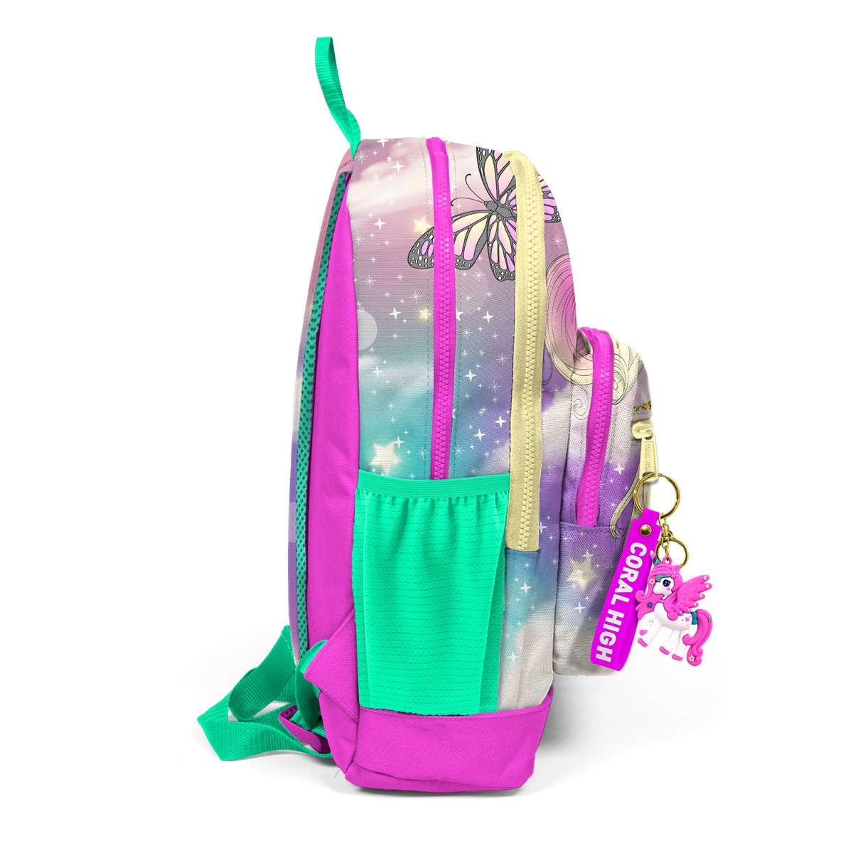 Coral High Kids Pembe Su Yeşili Unicornlu Kız Desenli Dört Bölmeli USB'li Okul Sırt Çantası 23833