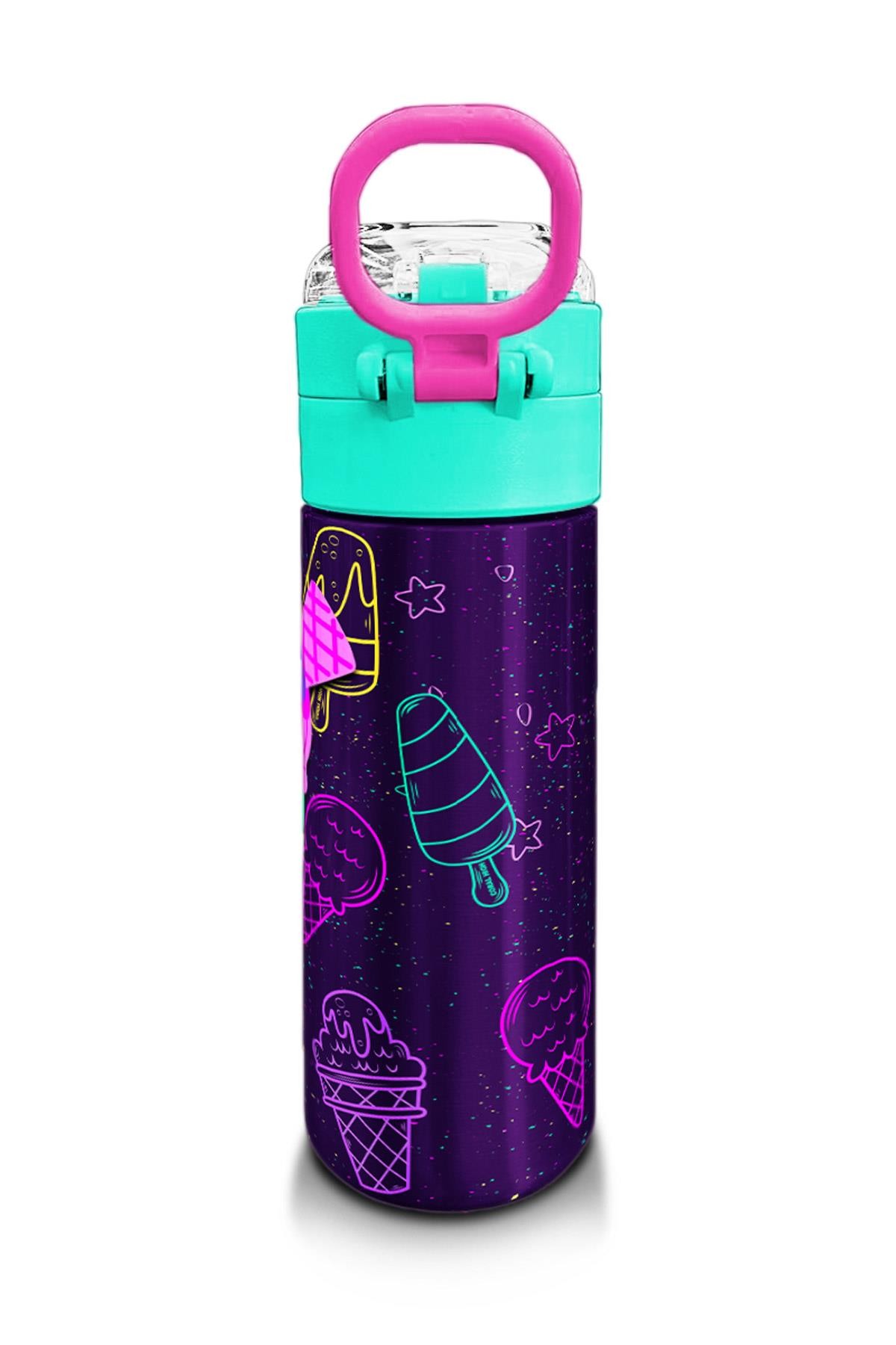 Coral High Kids Mor Pembe Dondurma Desenli Pipetli ve Direkt İçim Çelik Termos 500 ml 31980