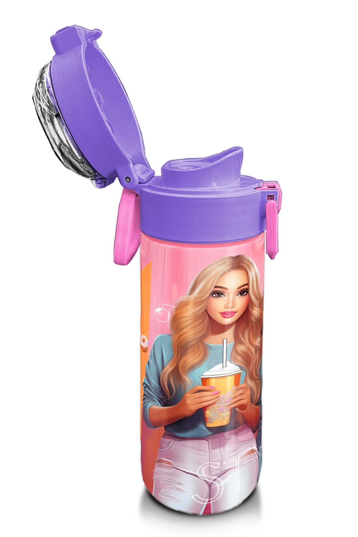 Coral High Kids Pembe Mercan Fashion Girl Desenli Pipetli ve Direkt İçim Çelik Termos 500 ml 31869