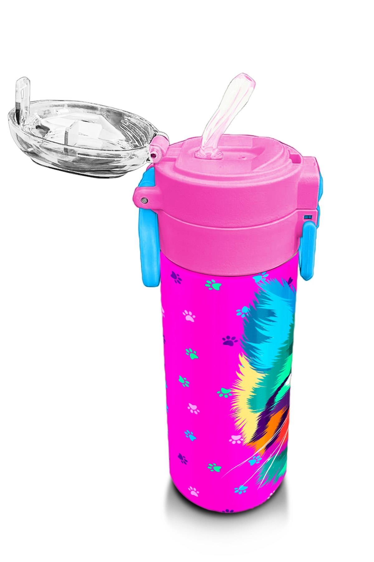Coral High Kids Mor Pembe Kedi Desenli Pipetli ve Direkt İçim Çelik Termos 500 ml 31800