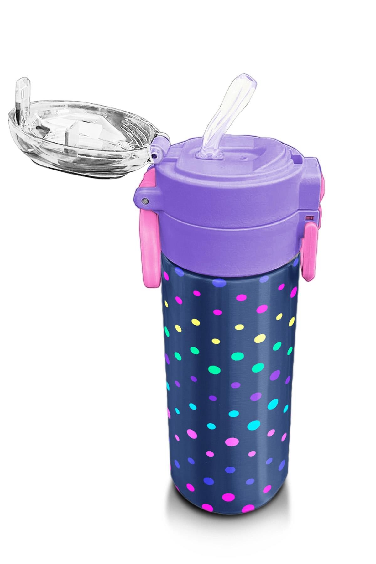 Coral High Kids Lacivert Puantiyeli Desenli Pipetli ve Direkt İçim Çelik Termos 500 ml 31872