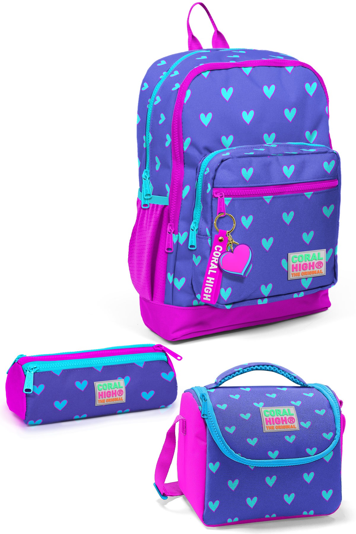 Coral High Kids Lavanta Pembe Kalp Desenli 3’lü Okul Çanta Seti SET0123706