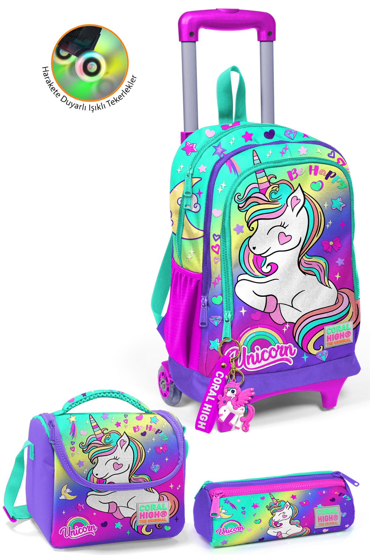 Coral High Kids Lavanta Su Yeşili Unicorn Desenli Çekçekli 3'lü Çanta Seti SET0123929