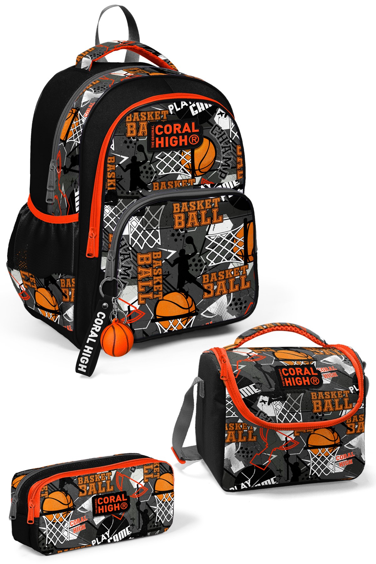 Coral High Kids Siyah Gri Basketbol Desenli 3'lü Okul Çanta Seti SET0114418