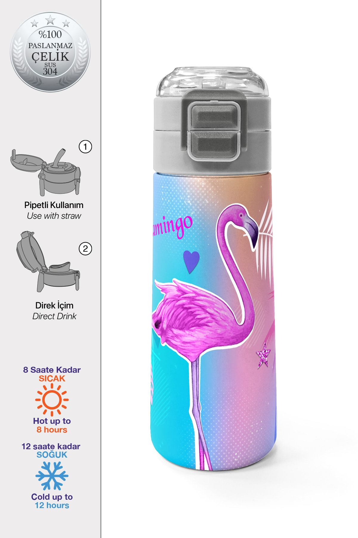 Coral High Kids Lavanta Pembe Flamingo Desenli Pipetli ve Direkt İçim Çelik Termos 500 ml 31921