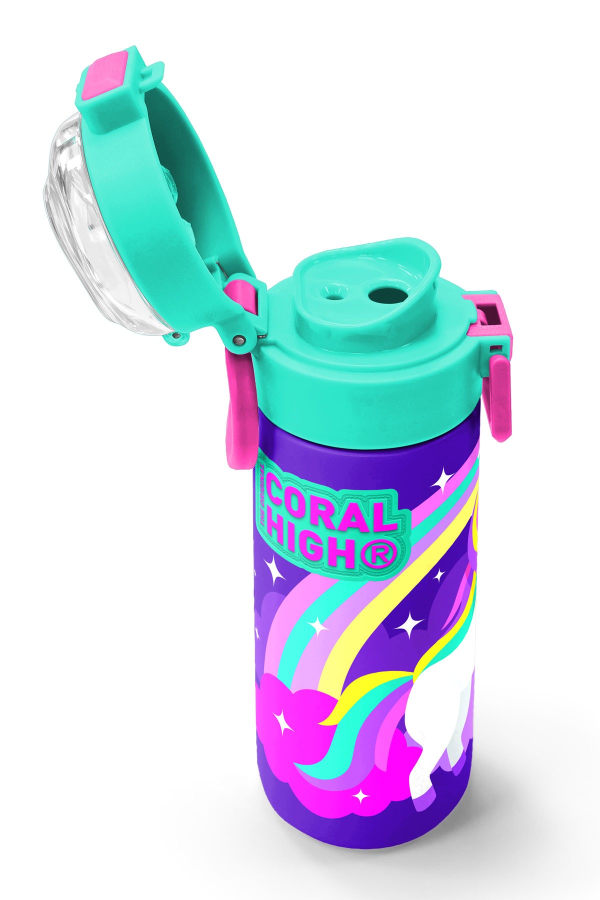 Coral High Kids Mor Su Yeşili Unicorn Desenli Pipetli ve Direkt İçim Çelik Termos 500 ml 31818