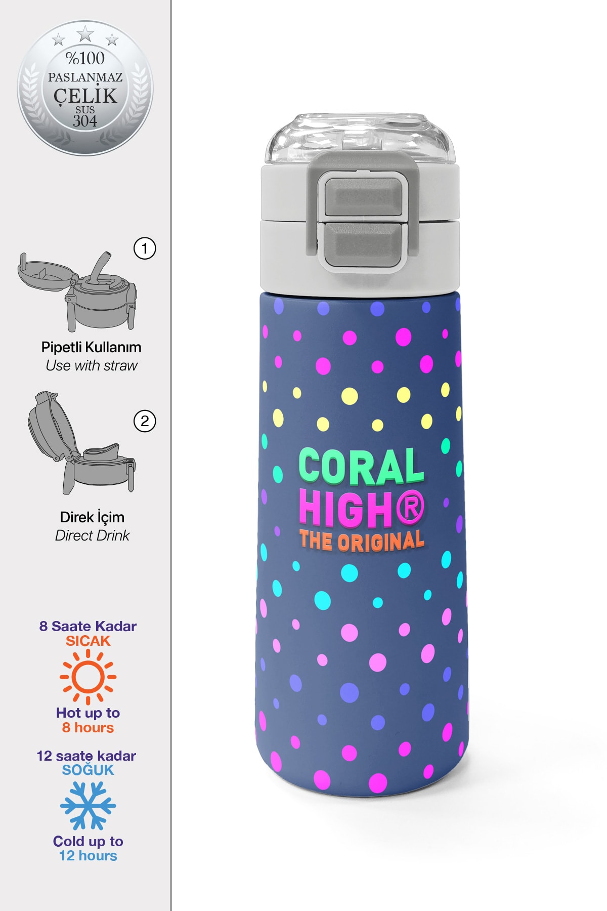 Coral High Kids Lacivert Puantiyeli Desenli Pipetli ve Direkt İçim Çelik Termos 500 ml 31872