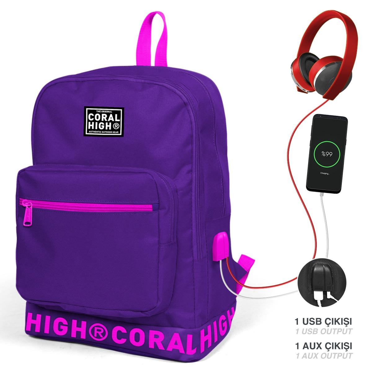 Coral High Mor Nakış Logolu Dört Bölmeli USB Şarjlı Kulaklık Çıkışlı  Sırt Çantası 24109