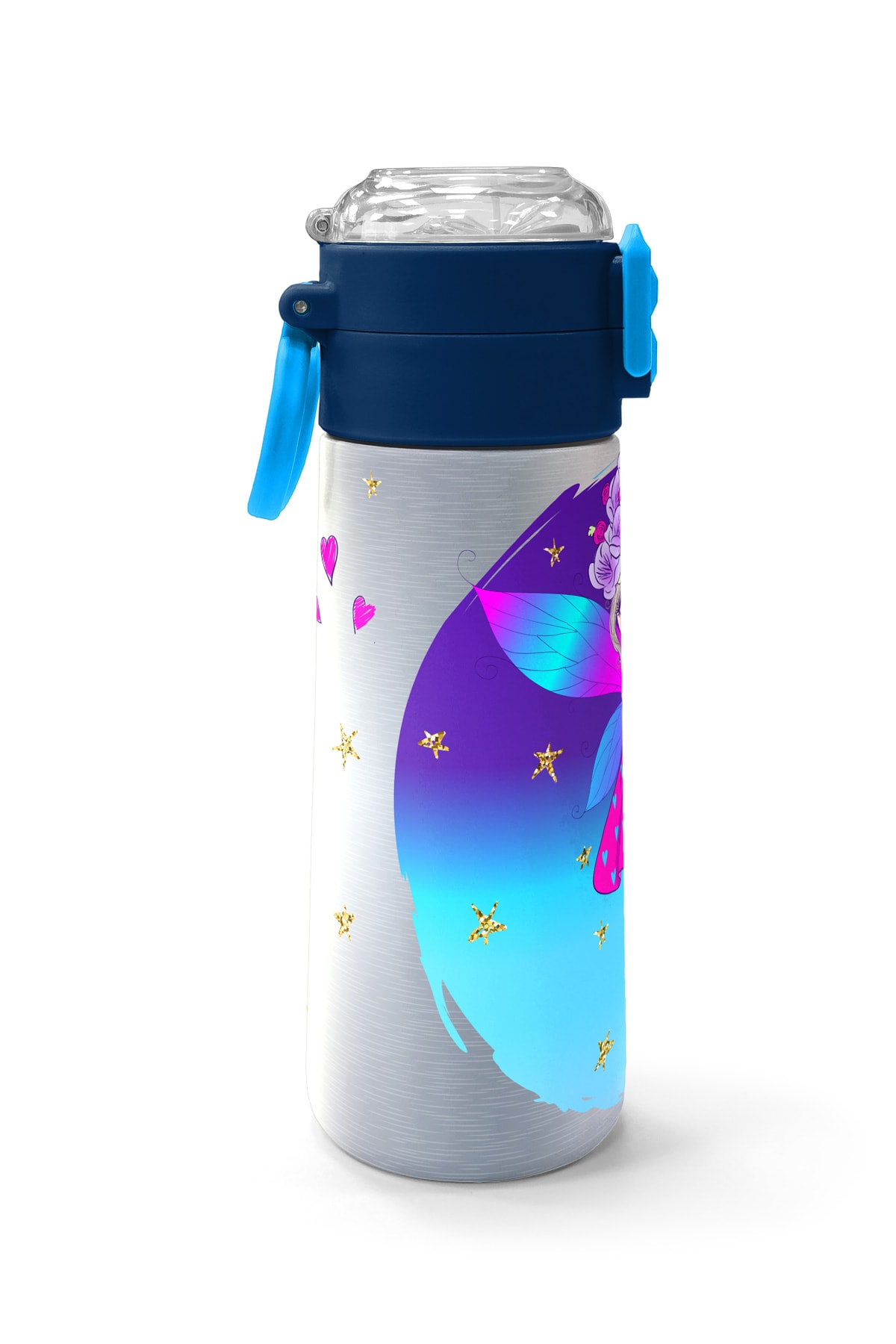 Coral High Kids Pembe Mavi Peri Desenli Pipetli ve Direkt İçim Çelik Termos 500 ml 31803