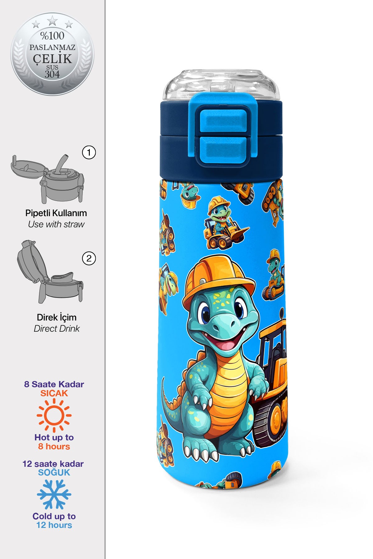 Coral High Kids Mavi Dinozor Desenli Pipetli ve Direkt İçim Çelik Termos 500 ml 31799