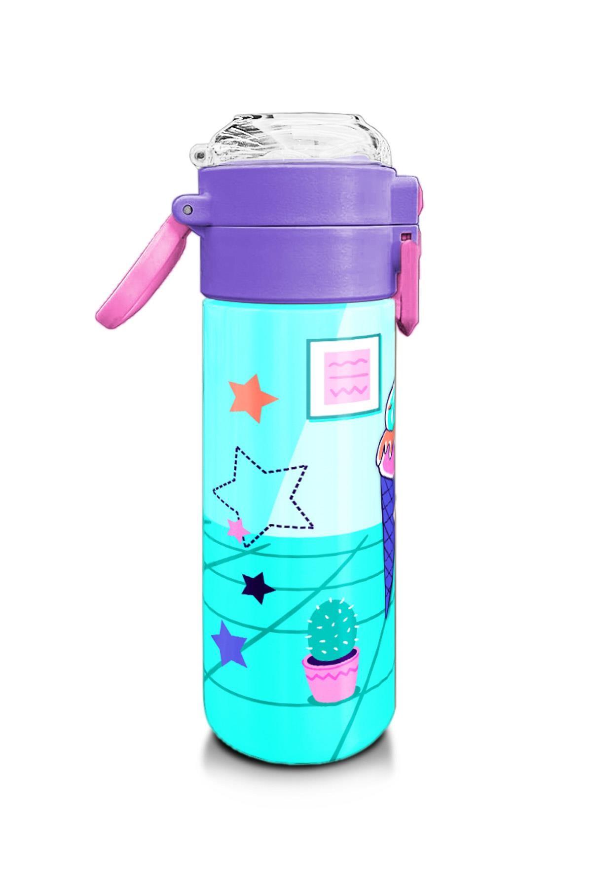 Coral High Kids Turkuaz Pembe Dondurmalı Desenli Pipetli ve Direkt İçim Çelik Termos 500 ml 31952