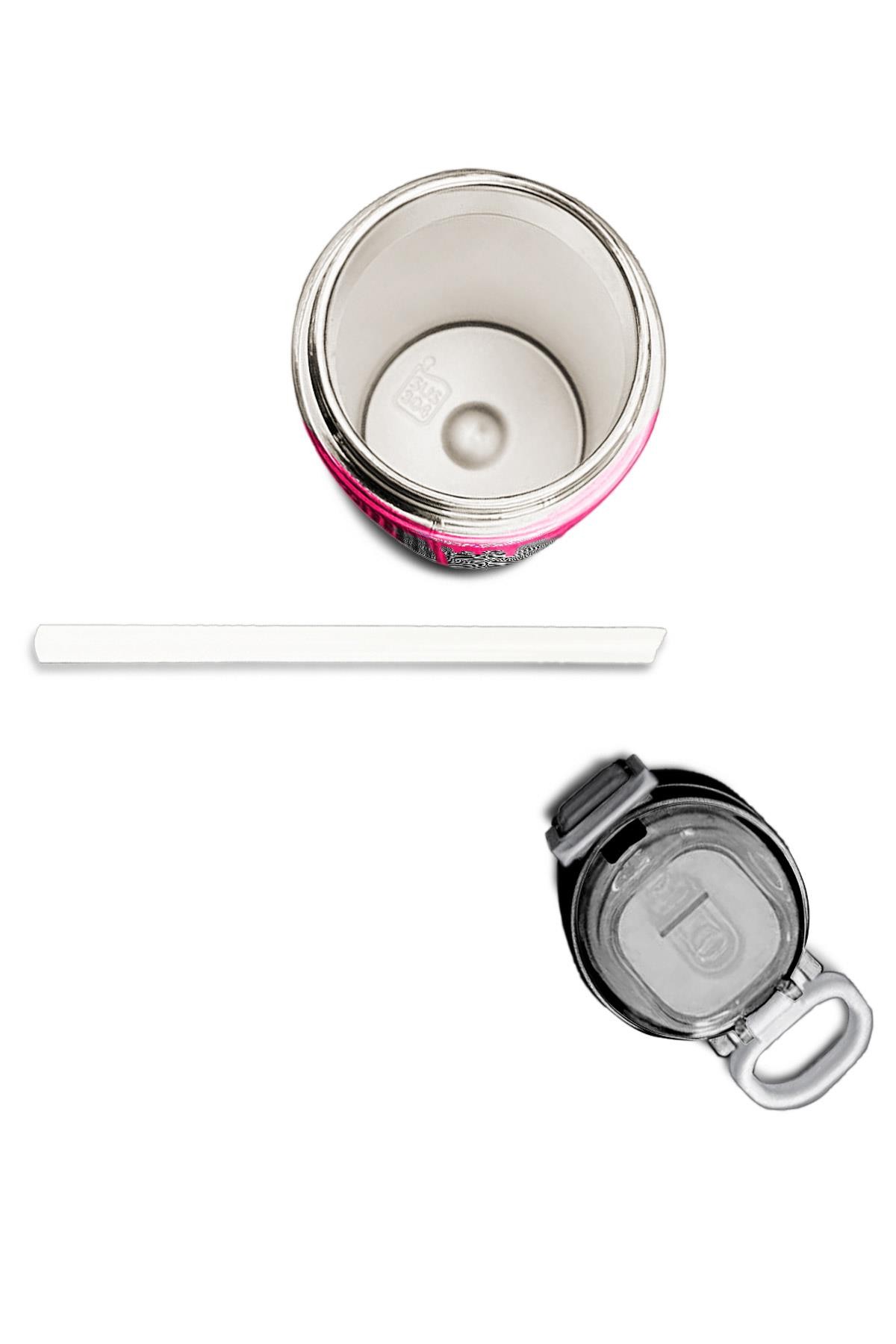 Coral High Kids Pembe Siyah Beyaz Desenli Pipetli ve Direkt İçim Çelik Termos 500 ml 31878