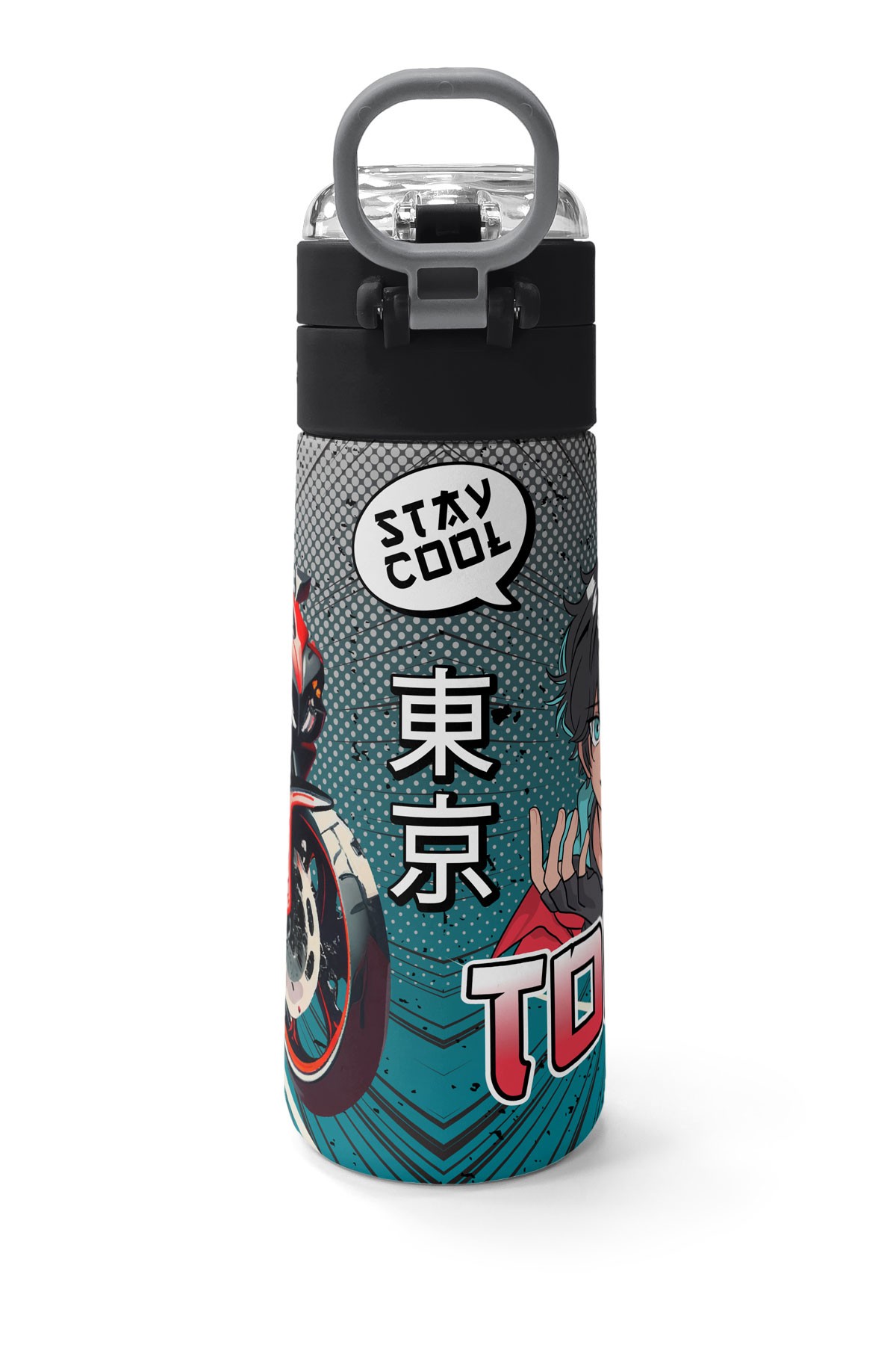 Coral High Kids Gri Nefti Anime Motorsiklet Desenli Pipetli ve Direkt İçim Çelik Termos 500 ml 31965