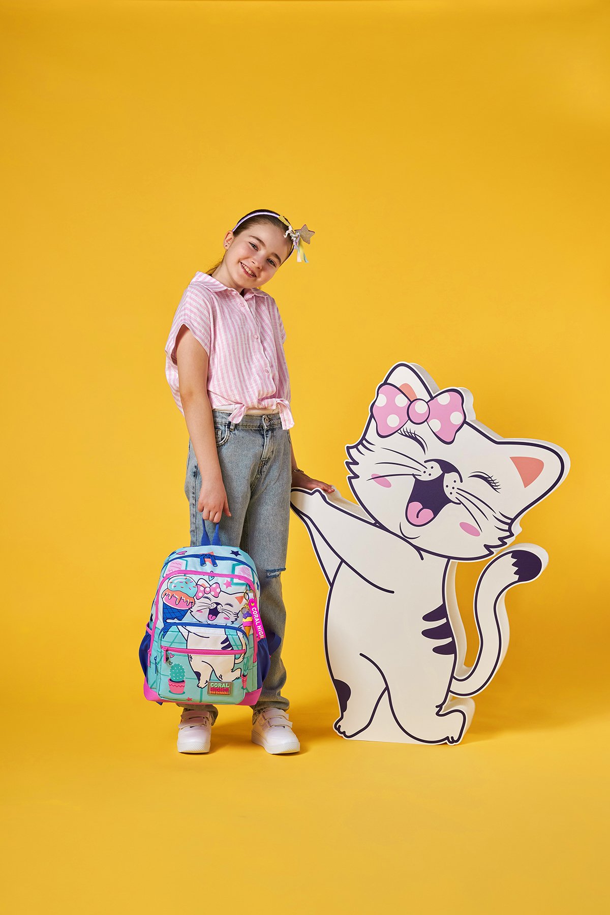 Coral High Kids Turkuaz Pembe Dondurmalı Kedi Desenli Okul Sırt Çantası 23751