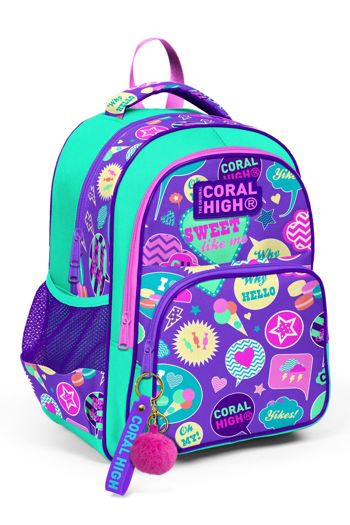 Coral High Kids SU Yeşili Mor Desenli Üç Bölmeli Okul Sırt Çantası 14413