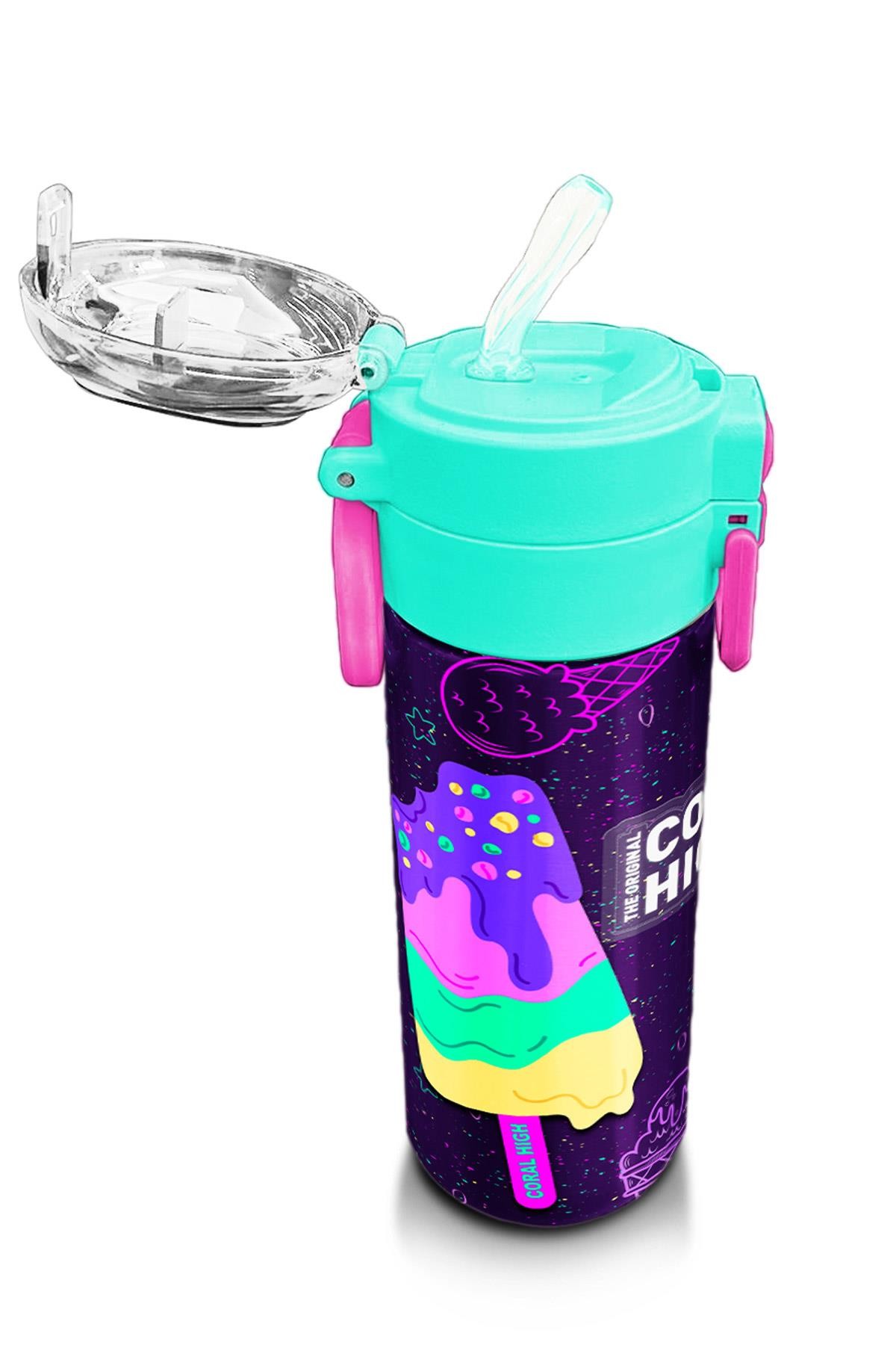 Coral High Kids Mor Pembe Dondurma Desenli Pipetli ve Direkt İçim Çelik Termos 500 ml 31980