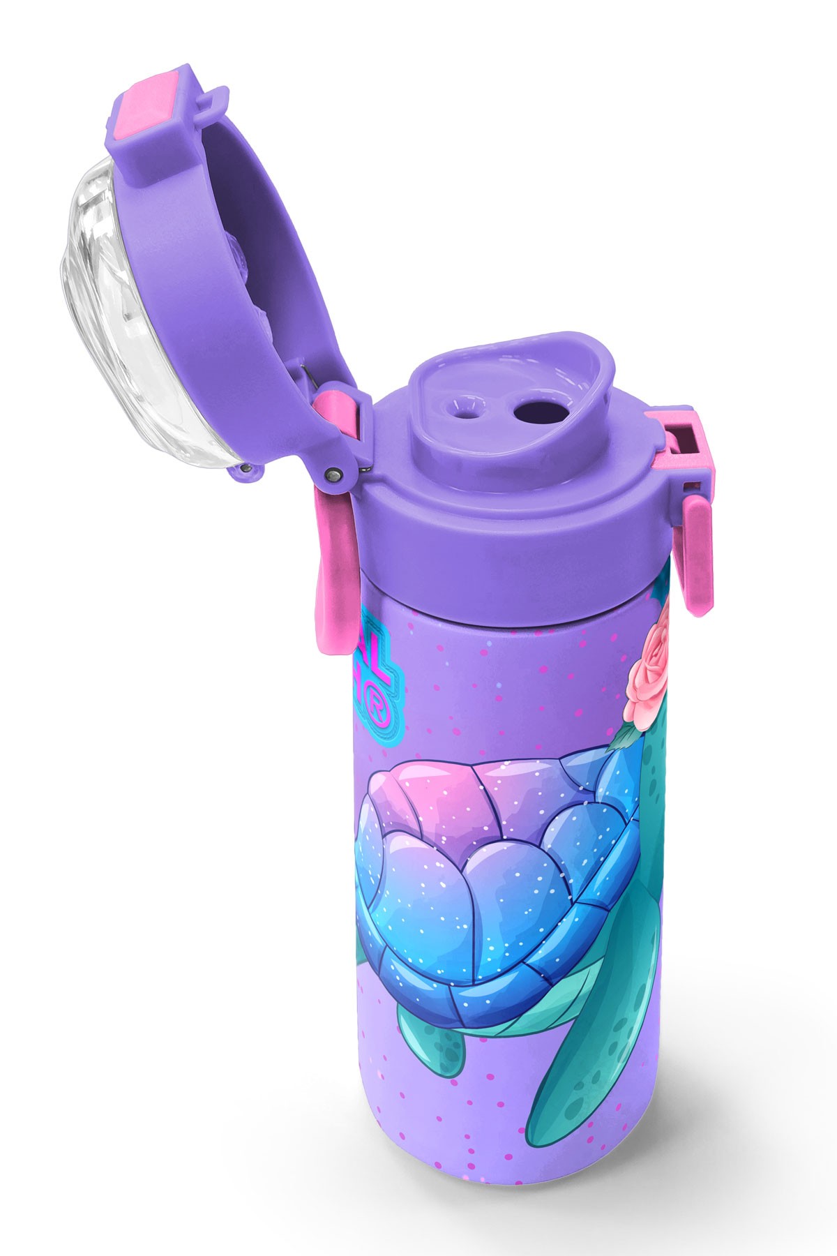Coral High Kids Açık Pembe Mavi Kaplumbağa Desenli Pipetli ve Direkt İçim Çelik Termos 500 ml 31808
