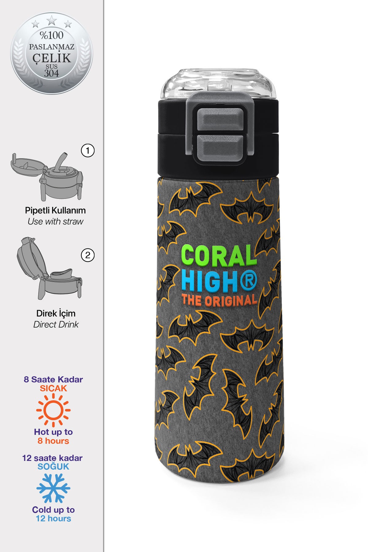 Coral High Kids Gri Hardal Yarasa Desenli Pipetli ve Direkt İçim Çelik Termos 500 ml 31932