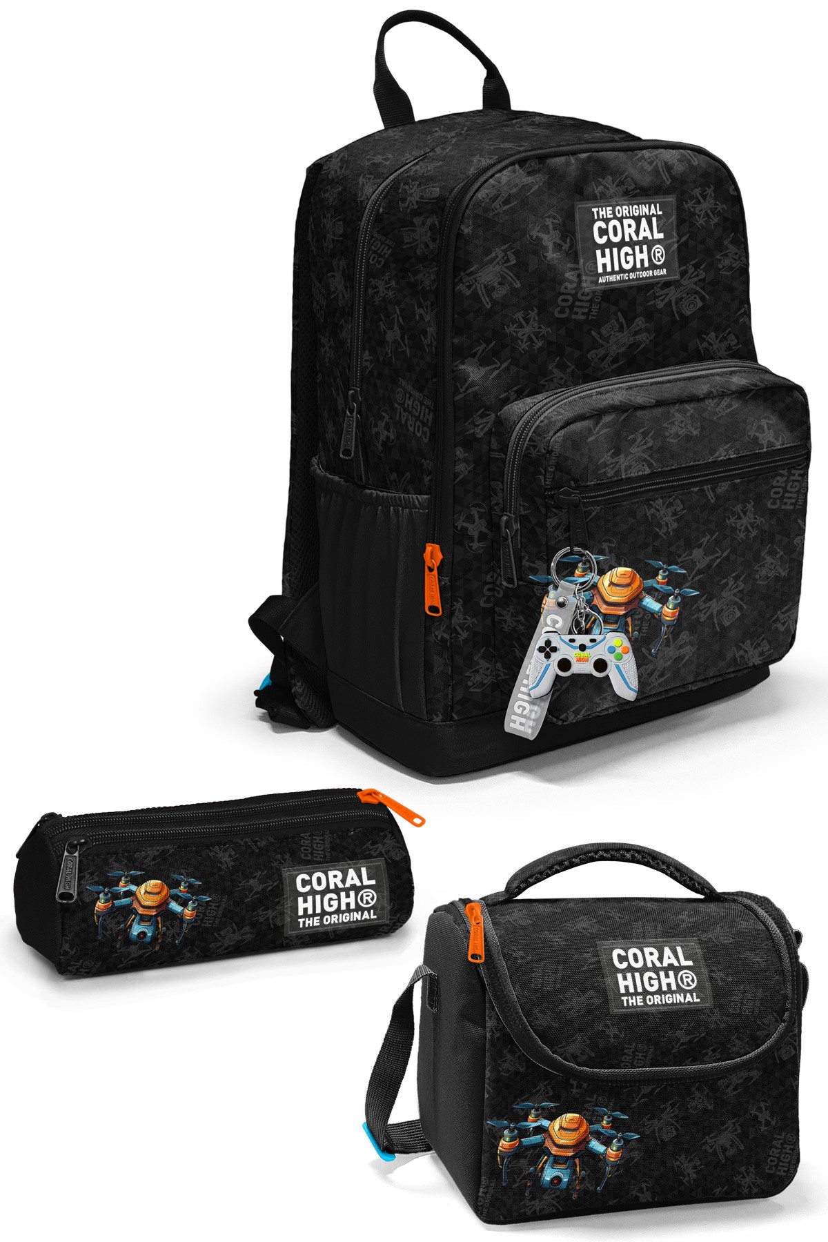 Coral High Siyah Drone Desenli 3 lü Okul Çanta Seti SET0123691