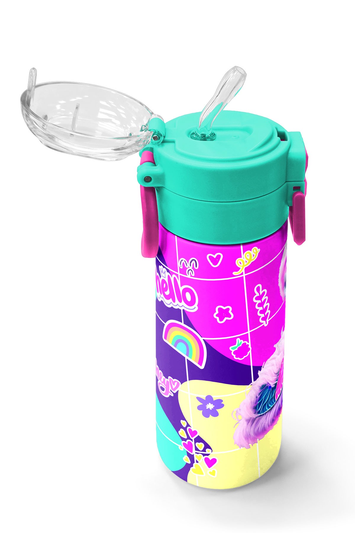 Coral High Kids Pembe Su Yeşili Flamingo Desenli Pipetli ve Direkt İçim Çelik Termos 500 ml 31811