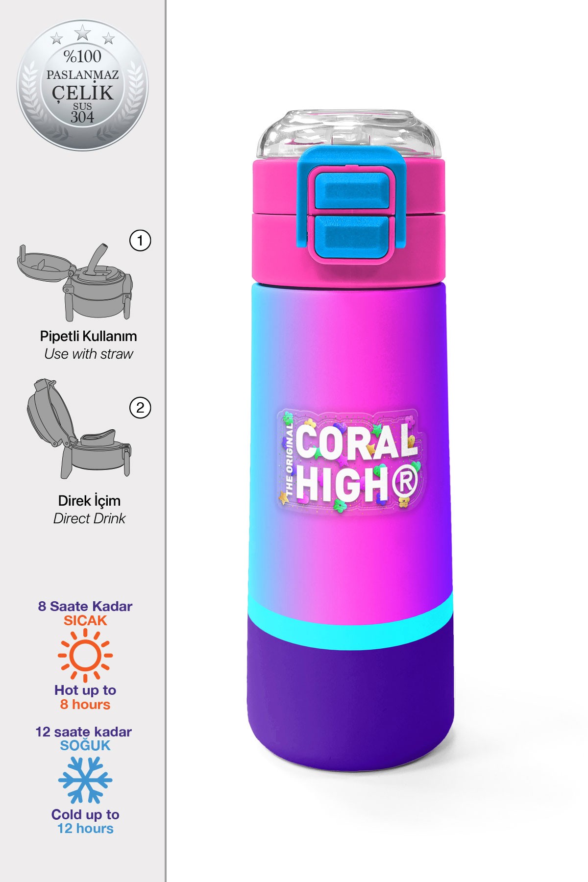 Coral High Kids Renkli Çizgili Pipetli ve Direkt İçim Çelik Termos 500 ml 31836