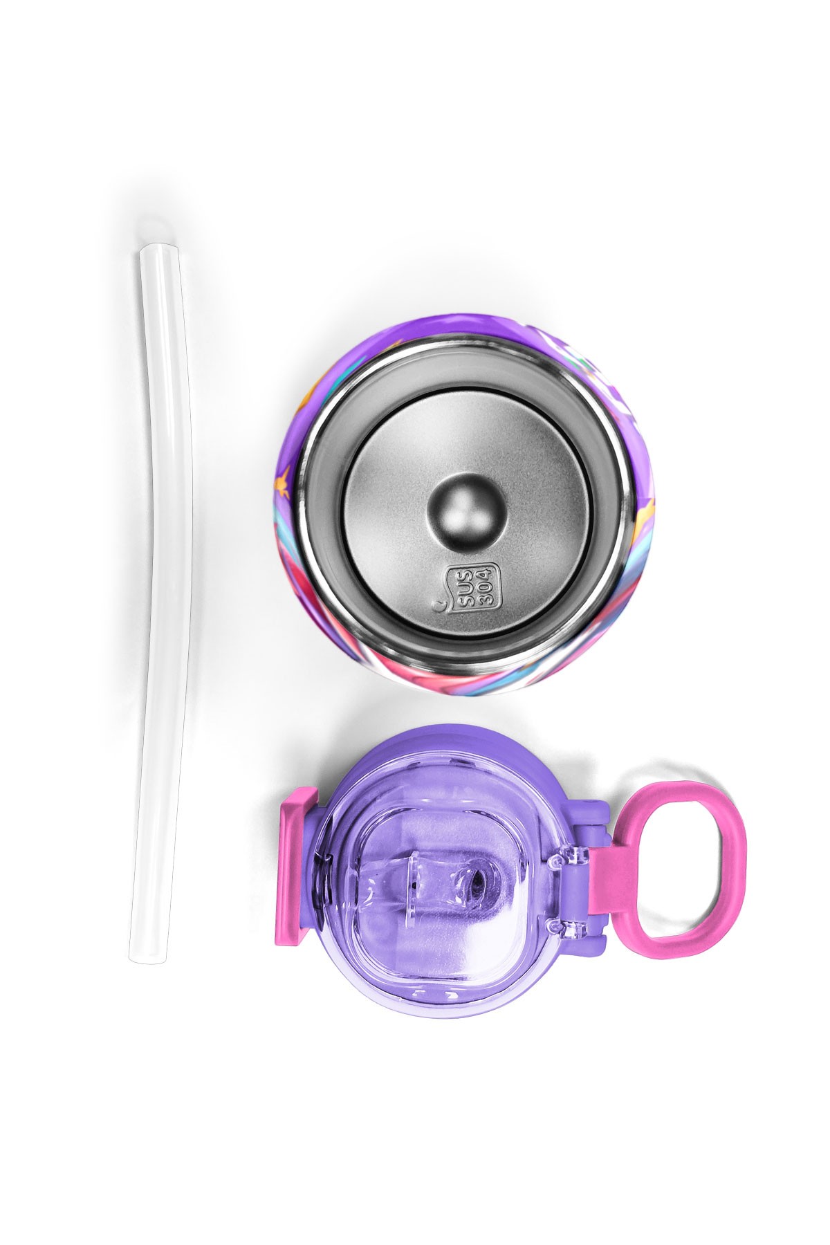Coral High Kids Mor Pembe Unicorn Dondurma Desenli Pipetli ve Direkt İçim Çelik Termos 500 ml 31859