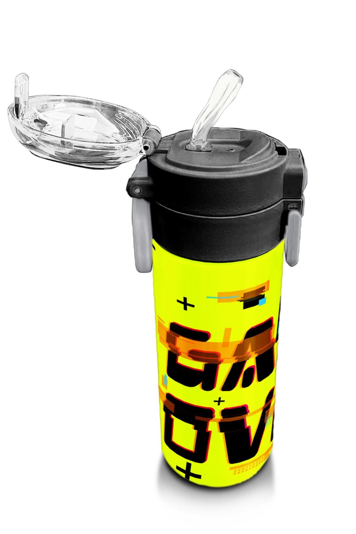 Coral High Kids Siyah Neon Sarı Game Over Desenli Pipetli ve Direkt İçim Çelik Termos 500 ml 31936