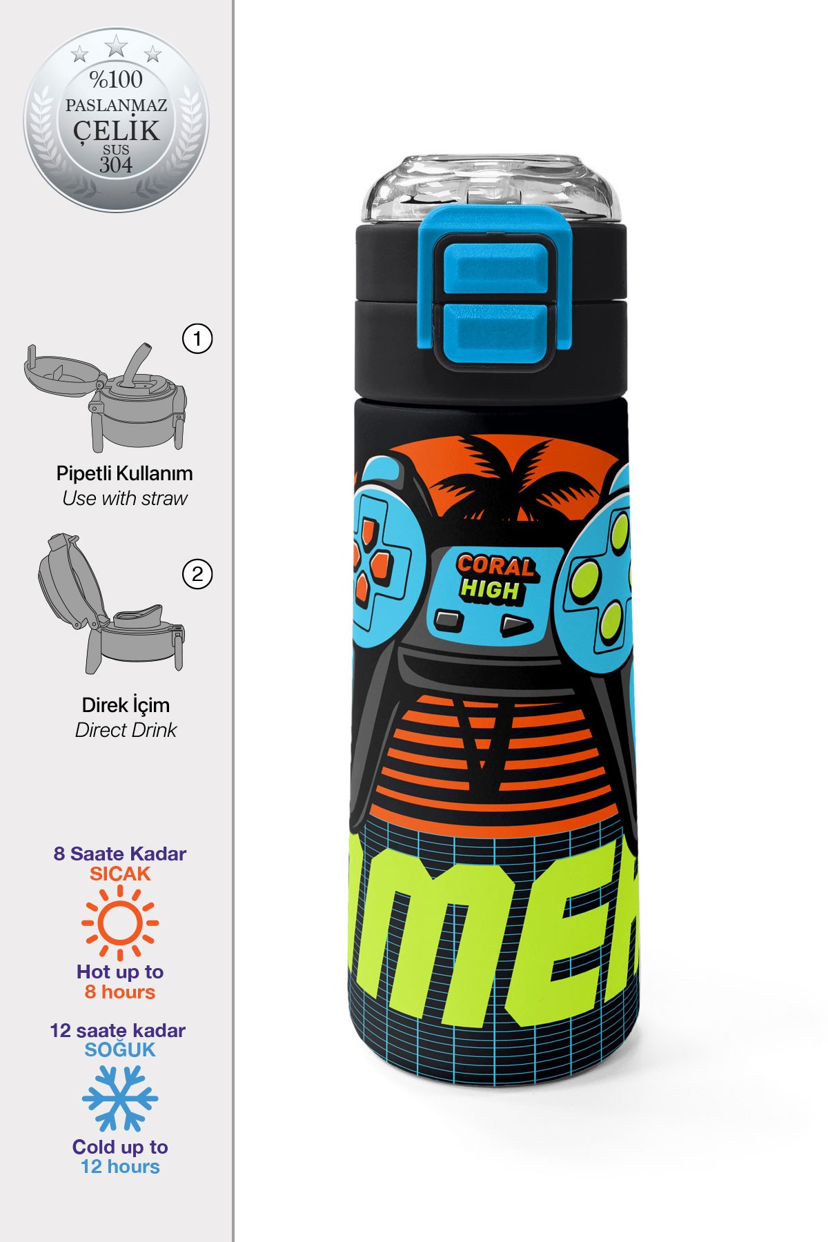 Coral High Kids Gri Turuncu Gamer Desenli Pipetli ve Direkt İçim Çelik Termos 500 ml 31947