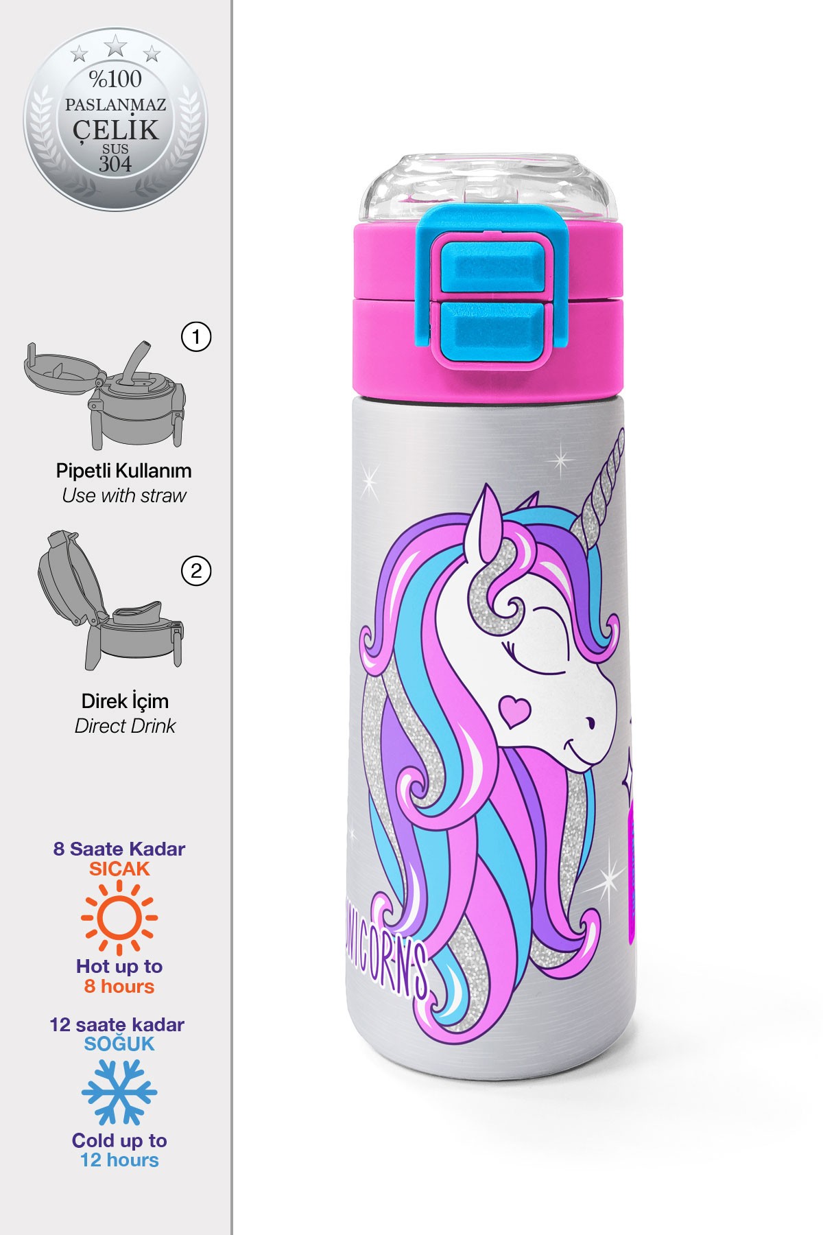 Coral High Kids Pembe Gümüş Unicorn Desenli Pipetli ve Direkt İçim Çelik Termos 500 ml 31821