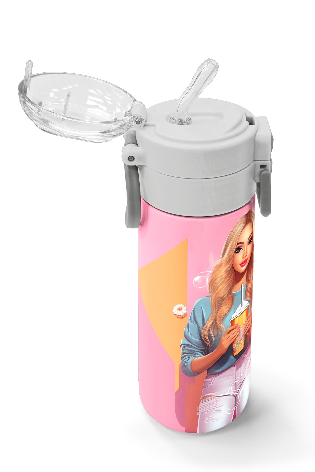 Coral High Kids Pembe Mercan Fashion Girl Desenli Pipetli ve Direkt İçim Çelik Termos 500 ml 31869