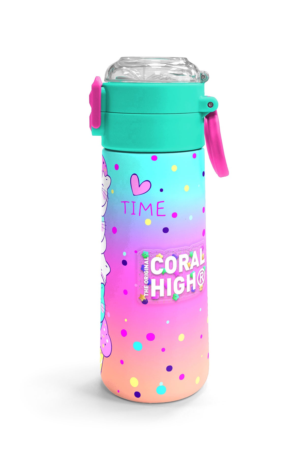 Coral High Kids Renkli Dondurmalı Kedi Desenli Pipetli ve Direkt İçim Çelik Termos 500 ml 31812