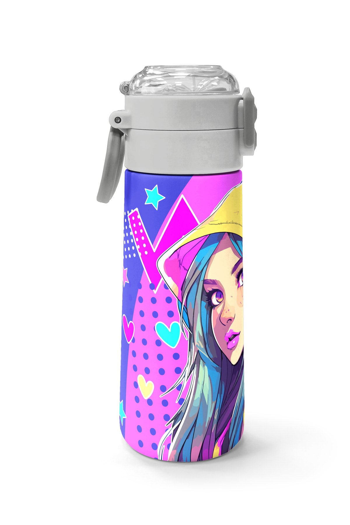 Coral High Kids Lavanta Turkuaz Kulaklı Kız Desenli Pipetli ve Direkt İçim Çelik Termos 500 ml 31835