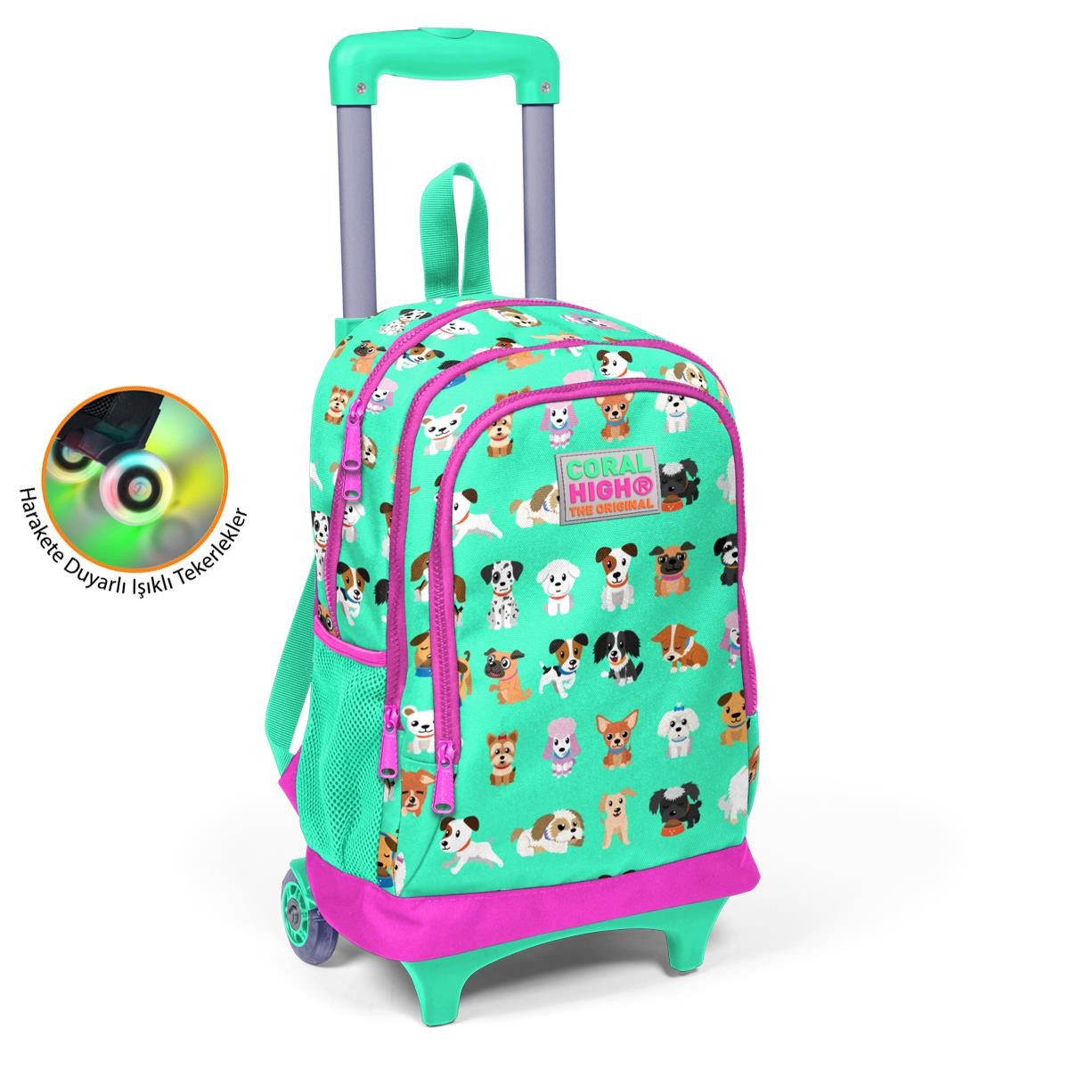 Coral High Kids Su Yeşili Neon Pembe Köpek Desenli Çekçekli 3'lü Çanta Seti SET0123362
