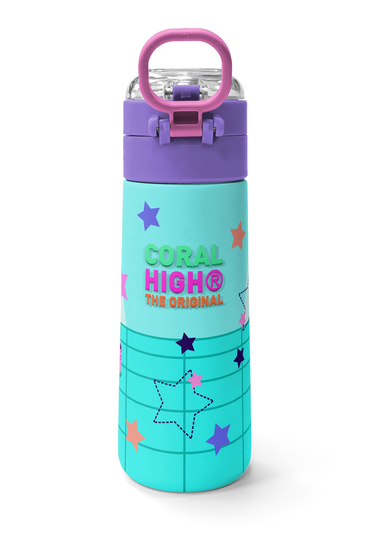 Coral High Kids Turkuaz Pembe Dondurmalı Desenli Pipetli ve Direkt İçim Çelik Termos 500 ml 31952