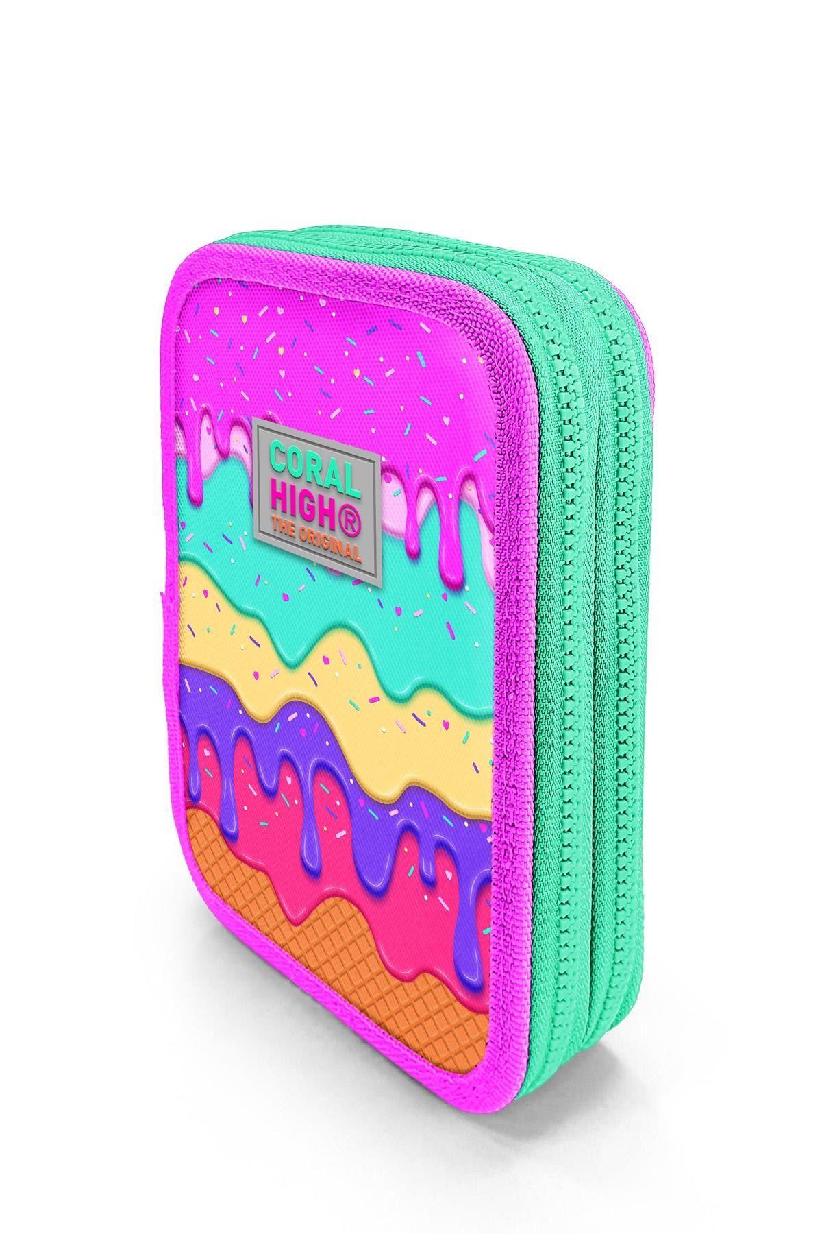 Coral High Kids Pembe Rengarenk Dondurma Desenli Çift Katlı Kalem Çanta 11131