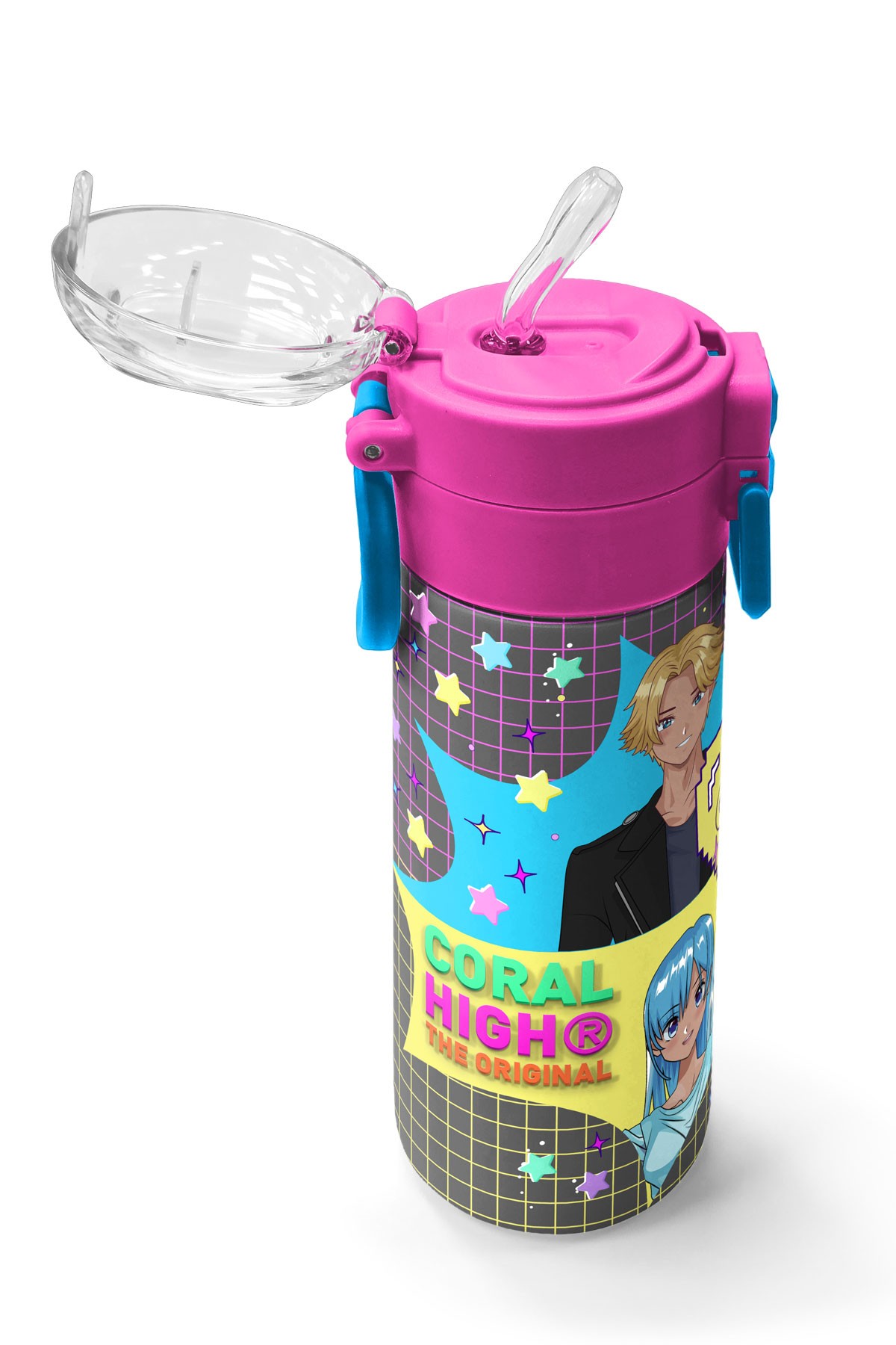 Coral High Kids Gri Mavi Pembe Anime Desenli Pipetli ve Direkt İçim Çelik Termos 500 ml 31943