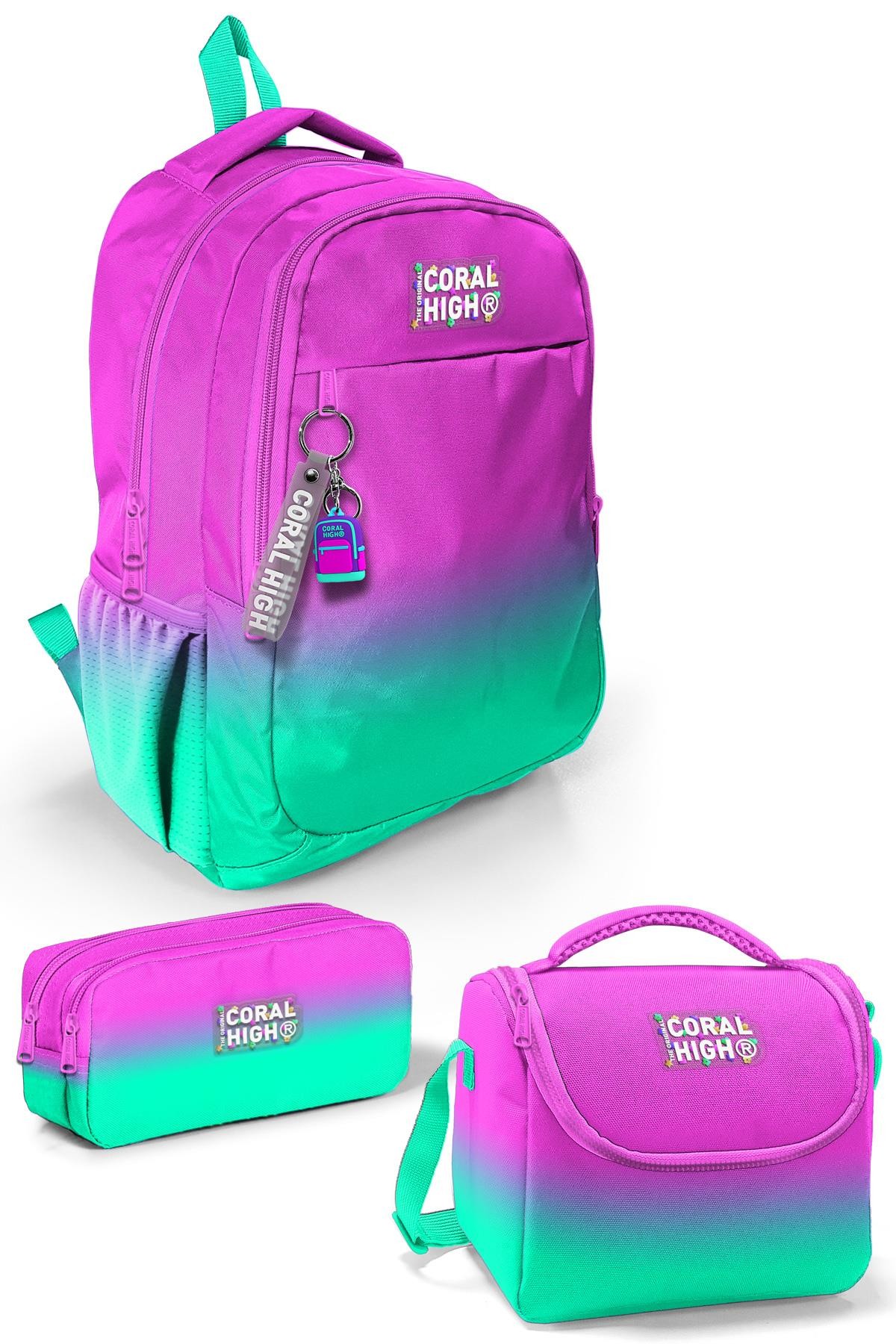 Coral High Kids Pembe Su Yeşili Renk Geçişli 3’lü Okul Çanta Seti SET0123664