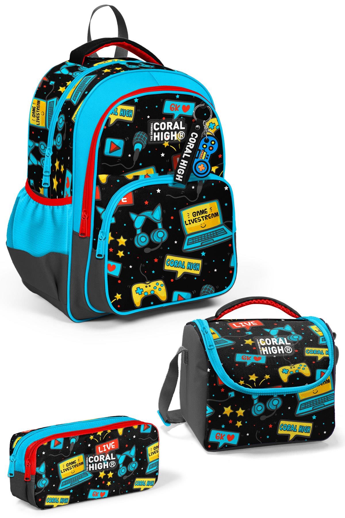 Coral High Kids Siyah Mavi Gamer Desenli 3'lü Okul Çanta Seti SET0123659