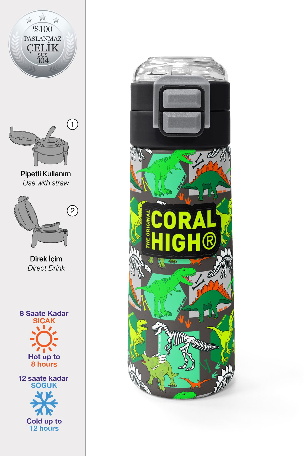 Coral High Kids Gri Yeşil Dinozor Desenli Pipetli ve Direkt İçim Çelik Termos 500 ml 31976