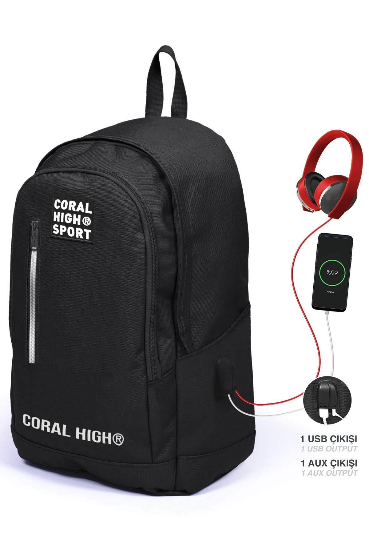 Coral High Sport Siyah Üç Bölmeli USB Şarjlı Kulaklık Çıkışlı Sırt Çantası 23231