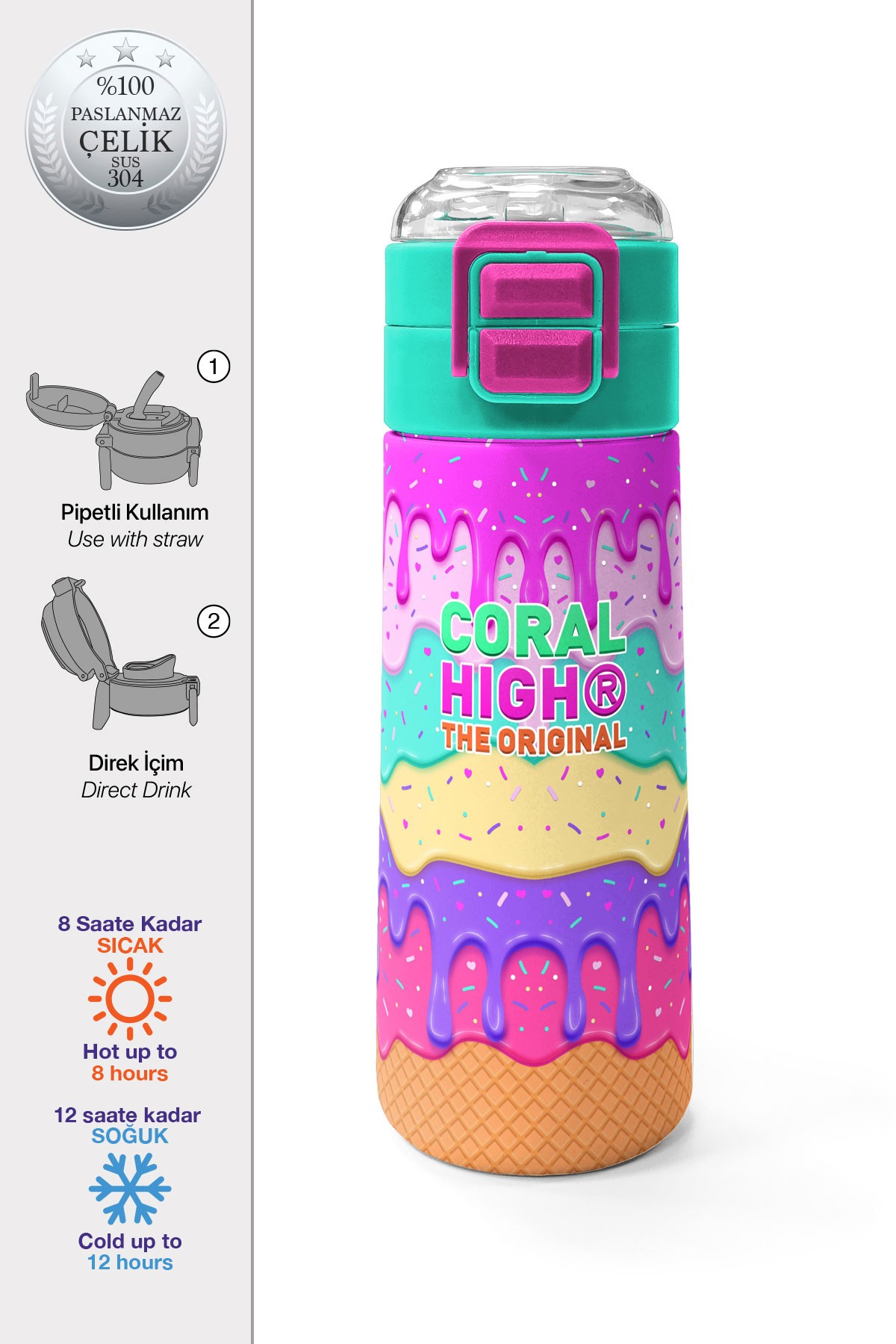 Coral High Kids Pembe Rengarenk Dondurma Desenli Pipetli ve Direkt İçim Çelik Termos 500 ml 31938