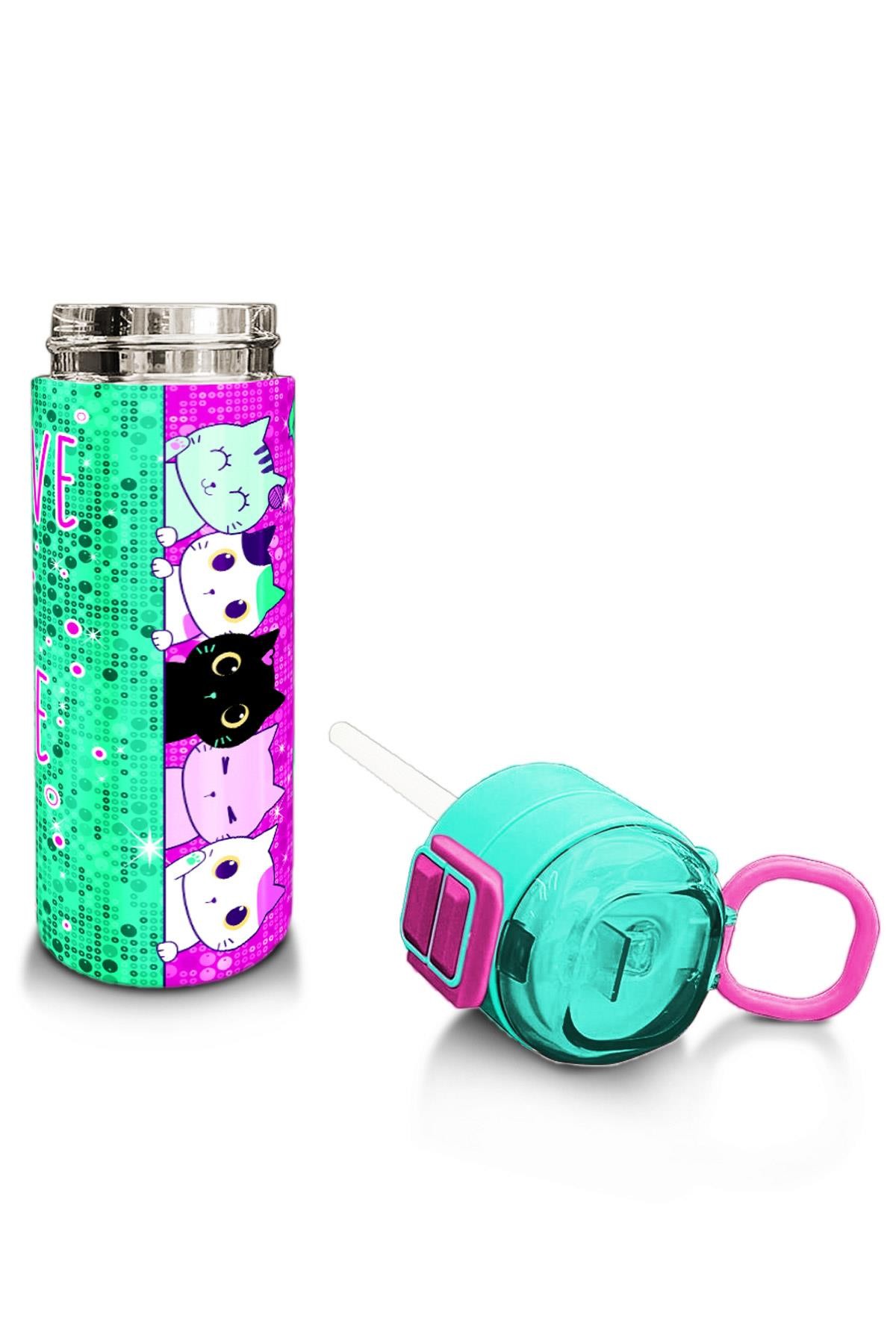 Coral High Kids Pembe Su Yeşili Kedi Desenli Pipetli ve Direkt İçim Çelik Termos 500 ml 31806