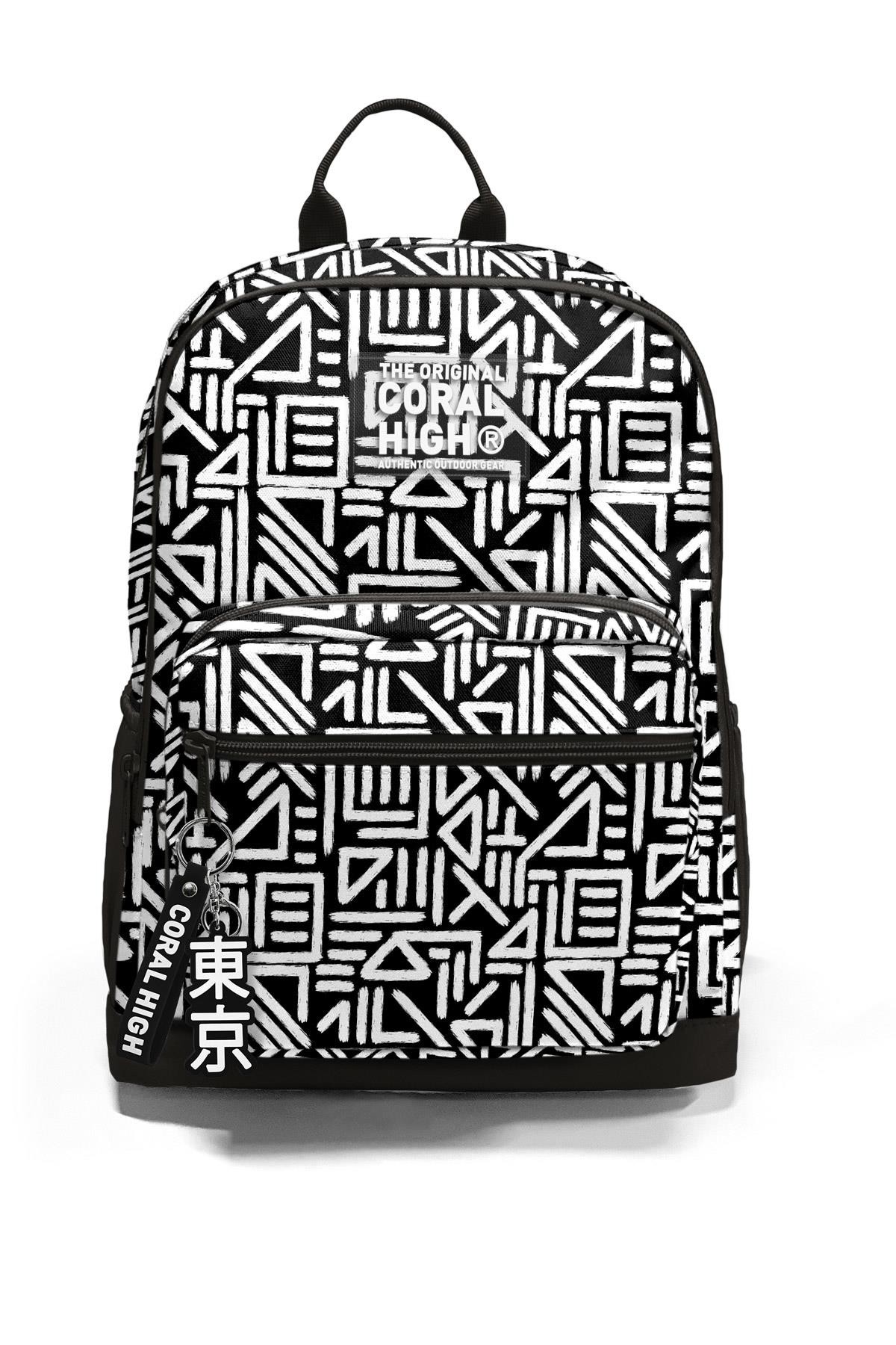 Coral High Siyah Beyaz Geomatrik Desenli Okul Sırt Çantası 23682