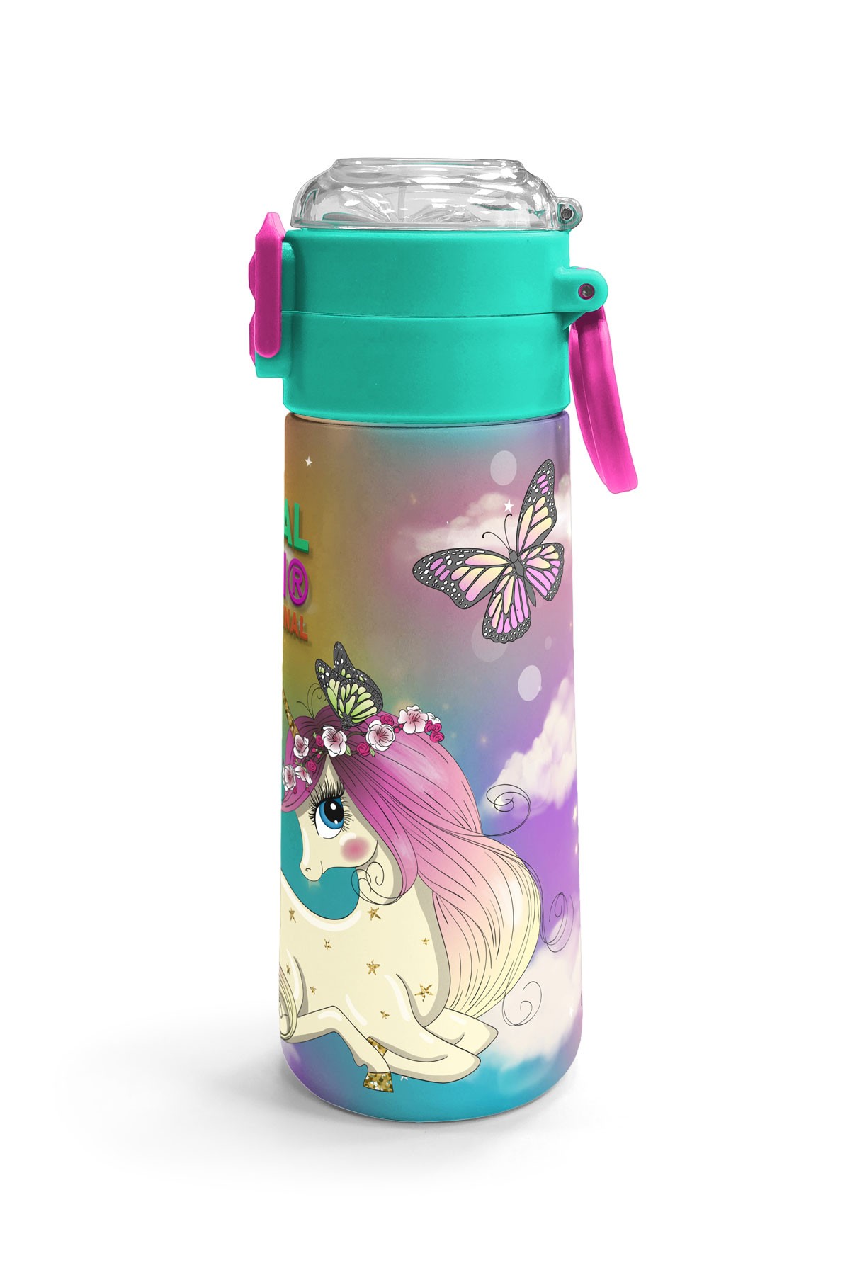 Coral High Kids Pembe Su Yeşili Unicornlu Desenli Pipetli ve Direkt İçim Çelik Termos 500 ml 31940