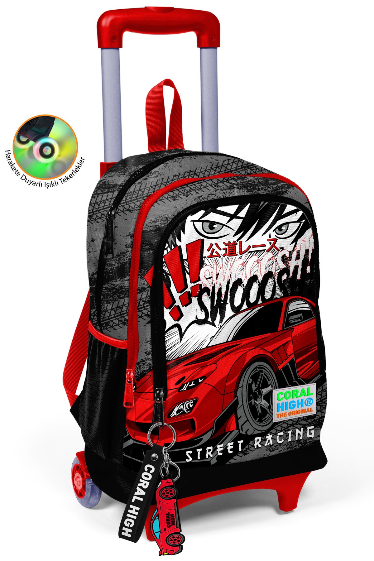 Coral High Kids Siyah Kırmızı Anime Araba Desenli Üç Bölmeli Çekçekli Okul Sırt Çantası 23947