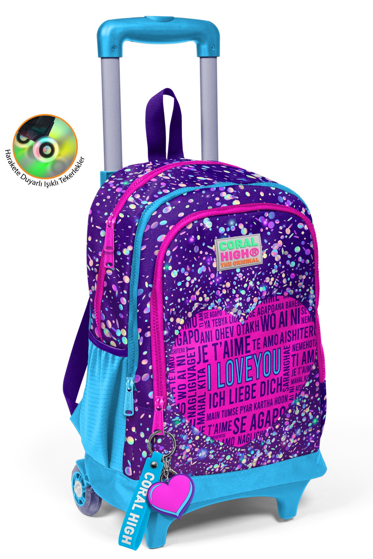Coral High Kids Mor Mavi Pembe Kalp Desenli Üç Bölmeli Çekçekli Okul Sırt Çantası 23940