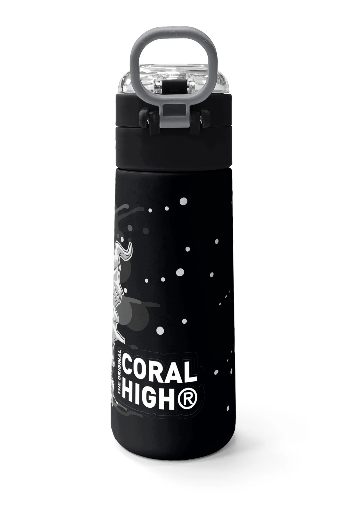 Coral High Kids Koyu Gri Siyah Dinozor Desenli Pipetli ve Direkt İçim Çelik Termos 500 ml 31822