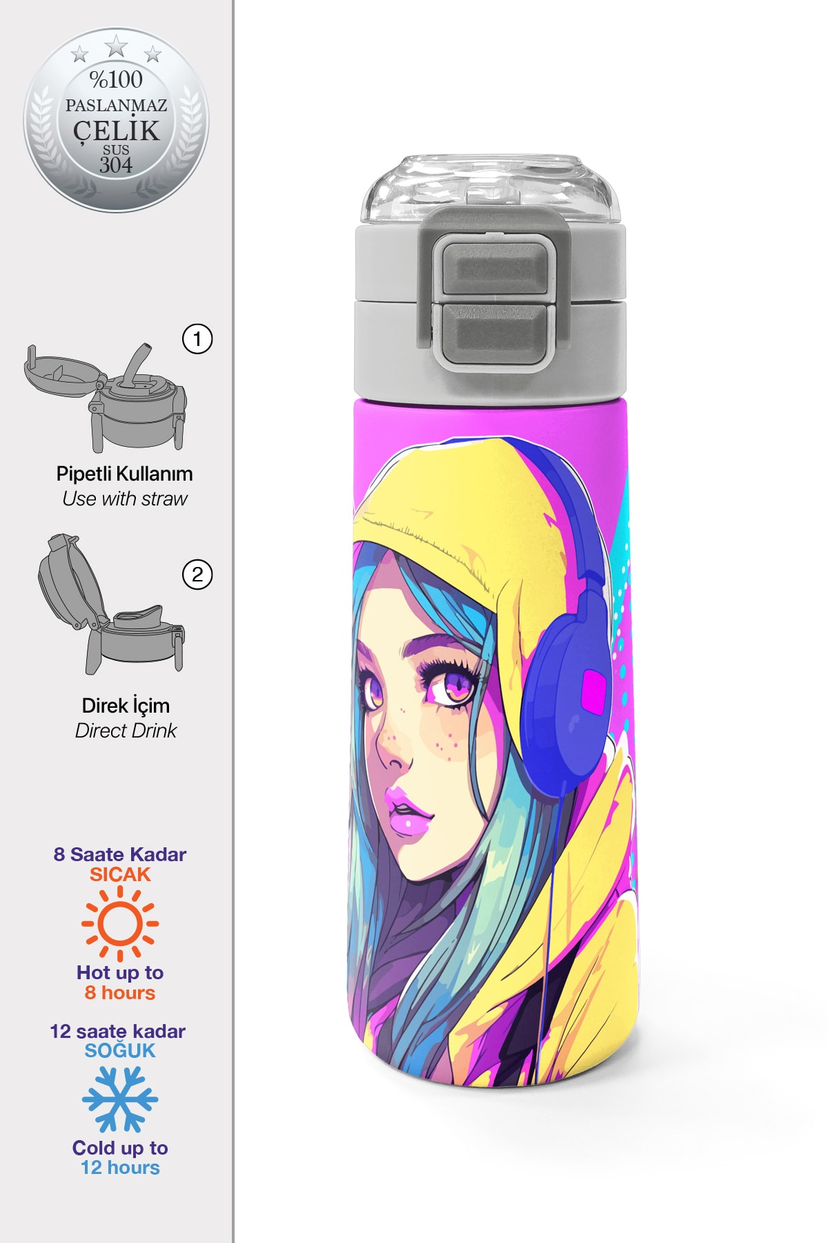Coral High Kids Lavanta Turkuaz Kulaklı Kız Desenli Pipetli ve Direkt İçim Çelik Termos 500 ml 31835